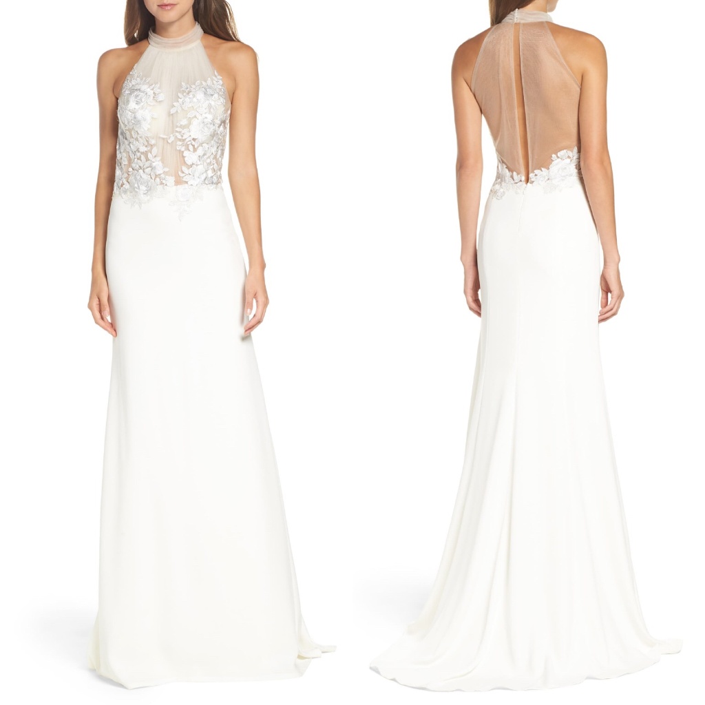 Tadashi Shoji Diana Ivory Sheer Appliqu Halter Wedding Gown